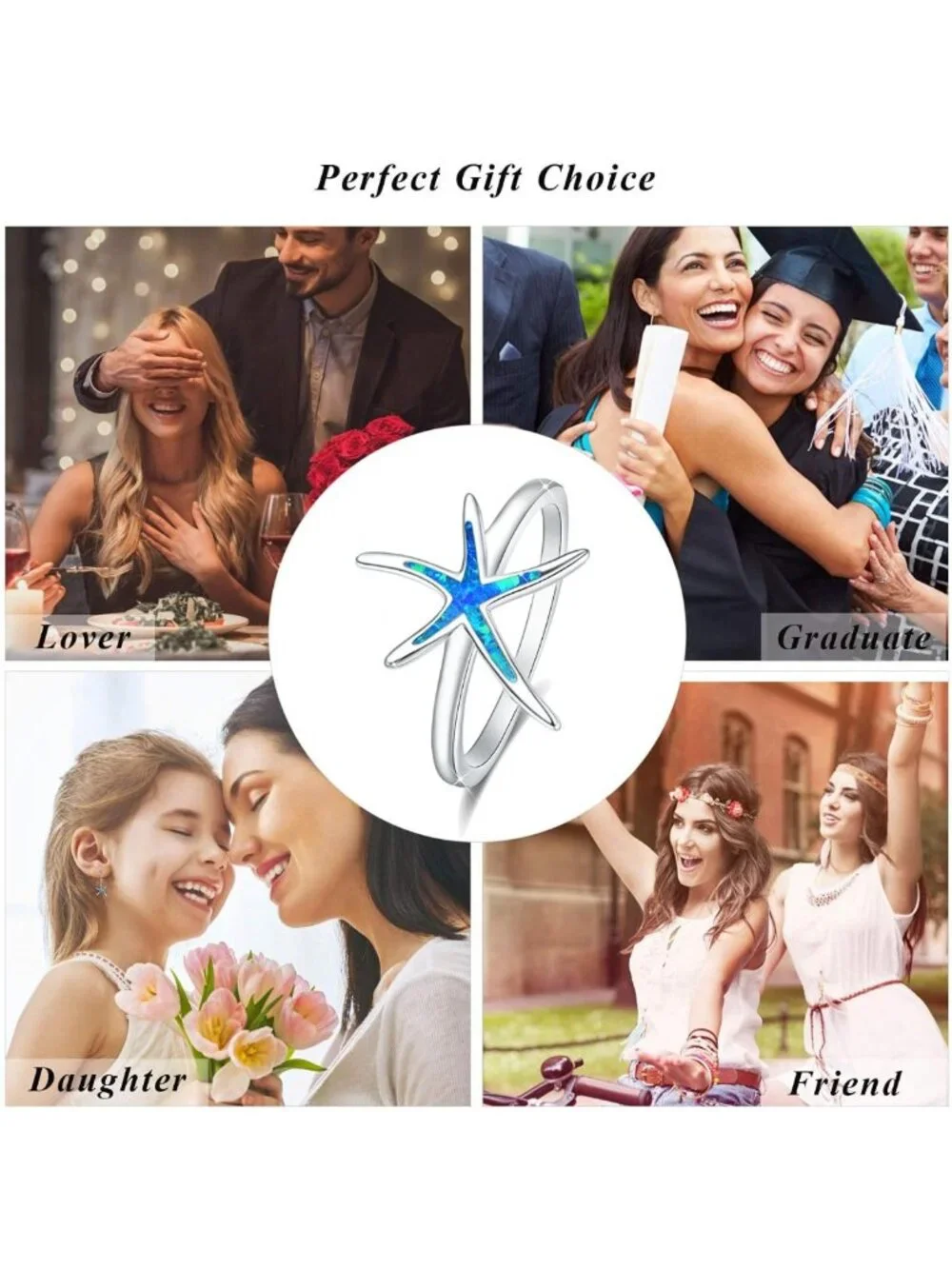 Elegant 925 Sterling Silver Starfish Ring with Blue Opal - Fashion Jewelry Gift